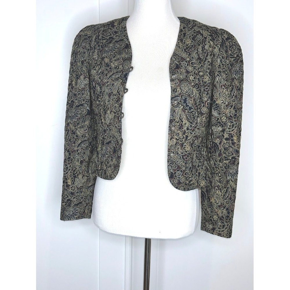 Vintage Quilted Cropped Jacket Black Gold Floral Paisley Tapestry Size 6 - Picture 2 of 12